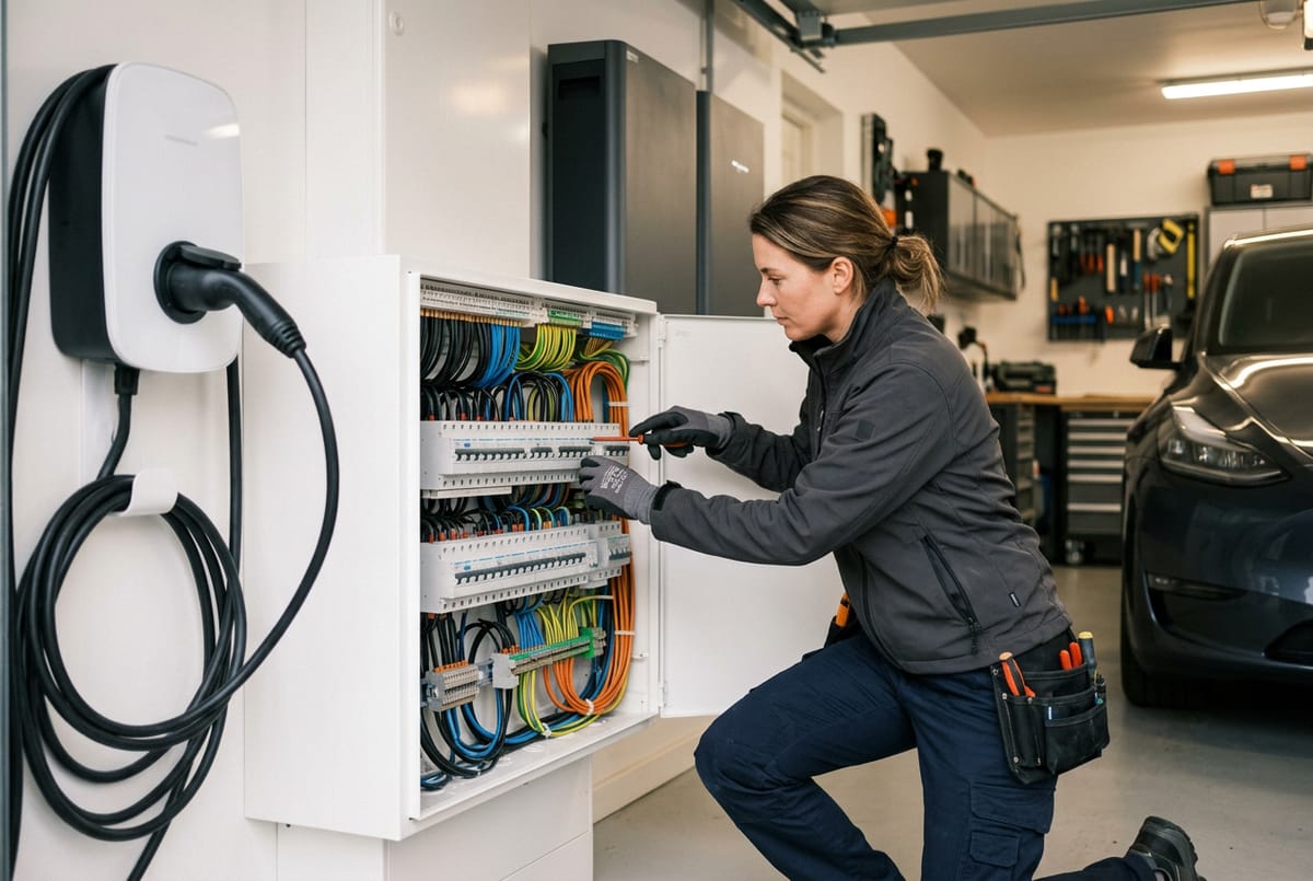 Elektrikerin am Zählerschrank neben einer Wallbox